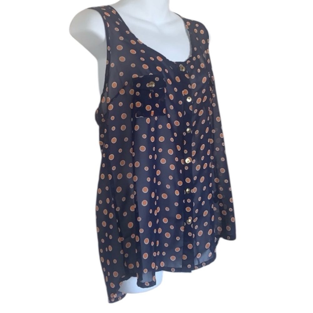 Mine top, Women's L polka dot sleeveless, navy/orange, gold buttons, scoop. EUC